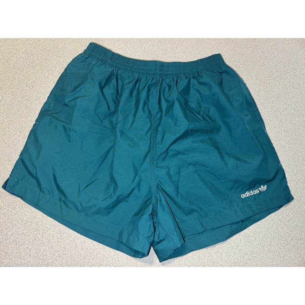 Adidas Swim Trunks Mens L Teal Stripe Nylon Shorts Mesh Lined Vtg